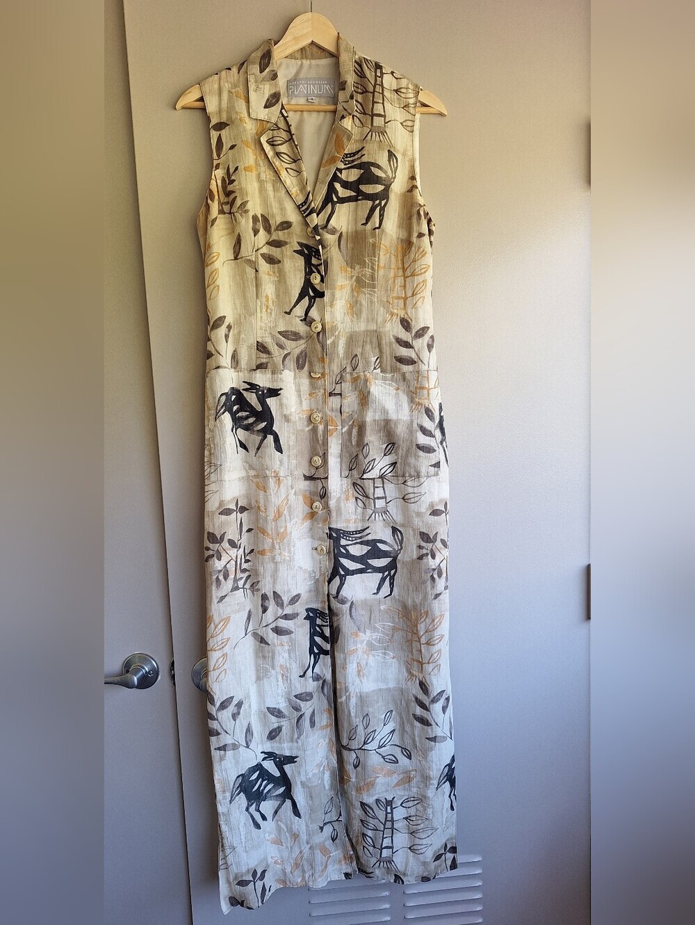 RARE Vintage Platinum Dorothy Schoelen Swiss Fabric Antelope Maxi Dress Slits 4
